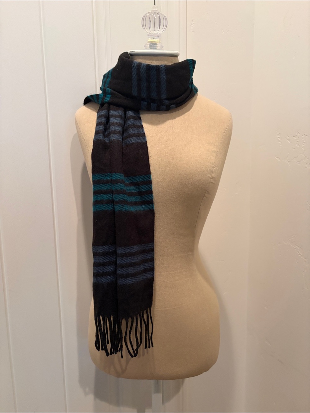Christian Dior Monsieur Black Scarf with Teal & Blue Stripes